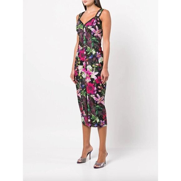 Marchesa Notte Floral Print Tea Length Sheath Midi Dress Black Womens 2 - Picture 2 of 16
